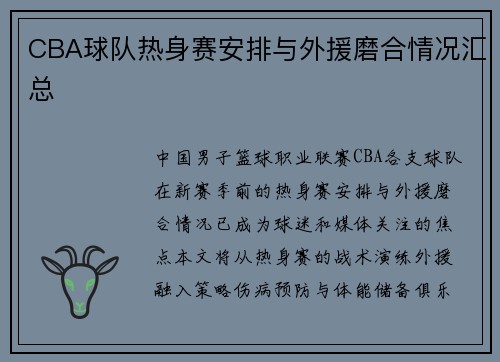 CBA球队热身赛安排与外援磨合情况汇总